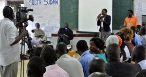 Angelina Teny, President of IofC South Sudan, introducing Archbishop Daniel Deng Bul