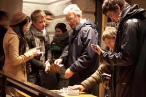 Students buy copies of film on DVD at St John's College, Oxford (Photo: Gintare Karalyte)